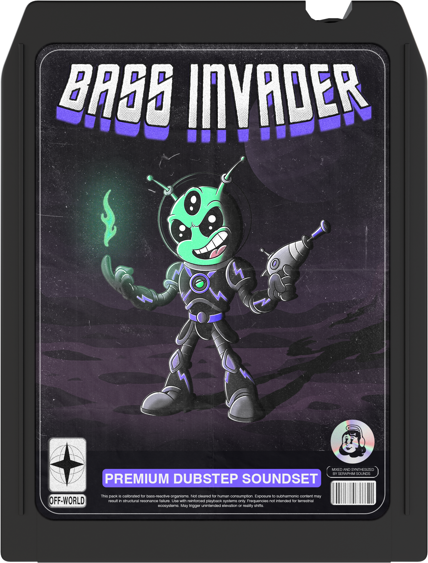 Bass Invader – Premium Dubstep Sample Pack cover art featuring alien character and premium dubstep soundset design. 246 royalty-free samples, loops, and FX.