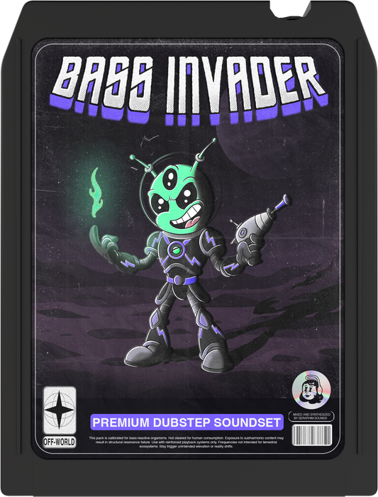 Bass Invader – Premium Dubstep Sample Pack cover art featuring alien character and premium dubstep soundset design. 246 royalty-free samples, loops, and FX.