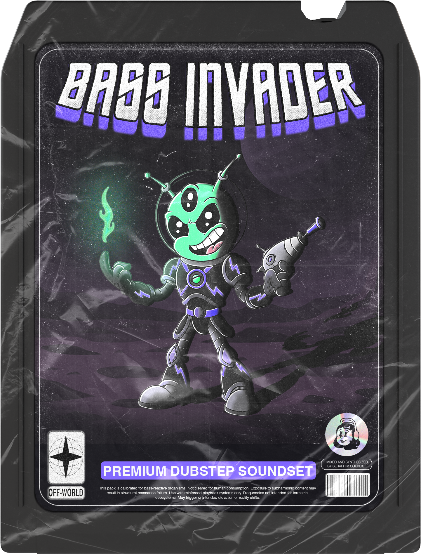 Bass Invader – Premium Dubstep Sample Pack cover art featuring alien character and premium dubstep soundset design. 246 royalty-free samples, loops, and FX.
