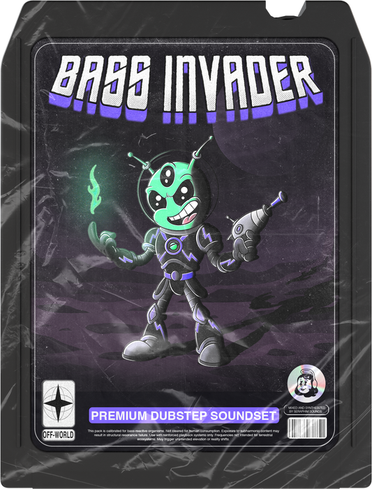 Bass Invader – Premium Dubstep Sample Pack cover art featuring alien character and premium dubstep soundset design. 246 royalty-free samples, loops, and FX.